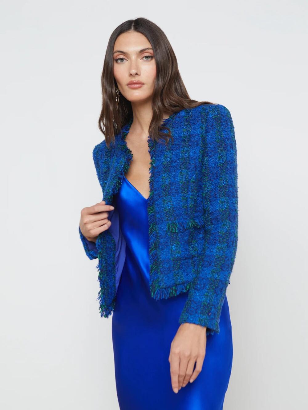 LAGENCE Blue Tweed Frayed Trim Crewneck Front Button Closure Angelina Blazer 6